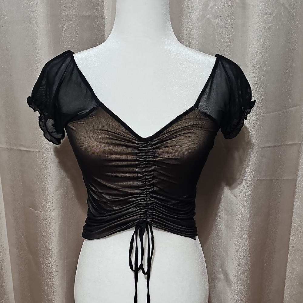 Guess Black Flutter Sleeve Ruched Blouse